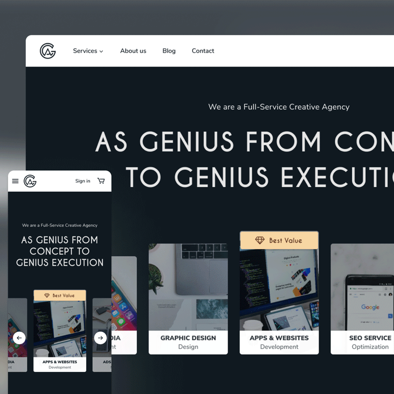 UI/UX design case study for the AS Genius creative agency website, showcasing the responsive design and the unique hero carousel.
