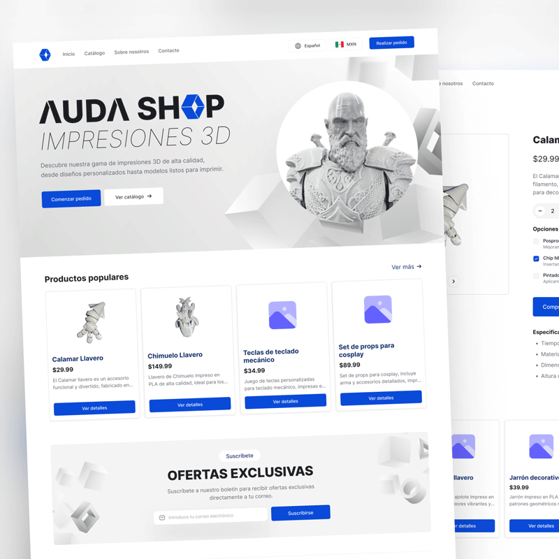 UI/UX case study for the AUDA SHOP 3D printing e-commerce store, showcasing the responsive homepage and product detail page design.