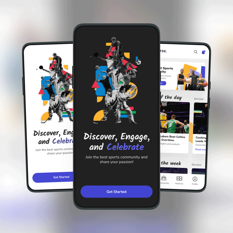 UI/UX case study for the Fandemic sports community app, showcasing the onboarding and home screens on mobile devices.