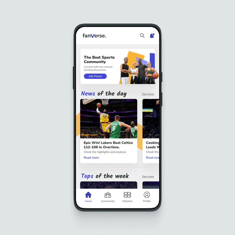 fandemic-app-home-screen-ui The main home screen of the Fandemic sports app, featuring a content feed, news highlights, and primary navigation.