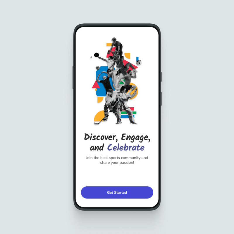 fandemic-app-onboarding-screen-ui The final UI design for the Fandemic app's onboarding screen, with the headline "Discover, Engage, and Celebrate".