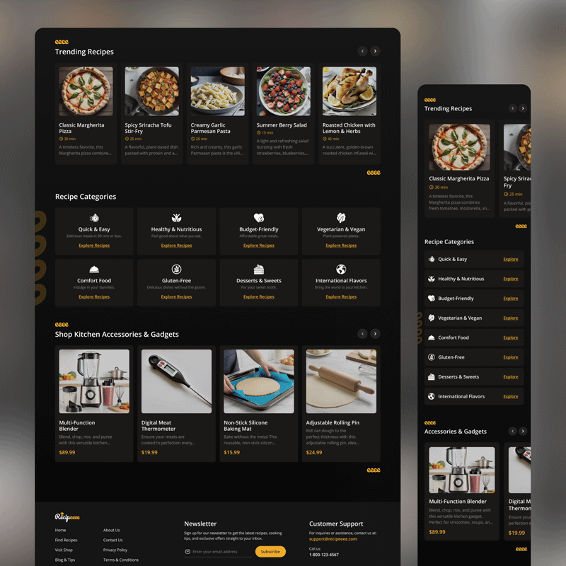 UI/UX design case study for a recipe blog with integrated e-commerce, shown on desktop and mobile screens.