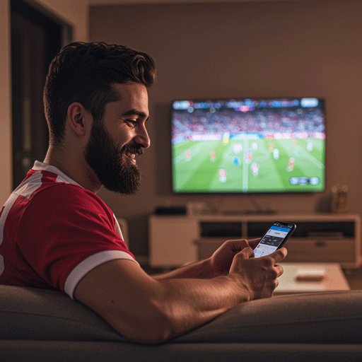betapp-user-persona-alex-rivera-casual-bettor A smiling LATAM man on a couch with a smartphone, representing Alex Rivera, the 'Casual Bettor' user persona for the BetApp case study.
