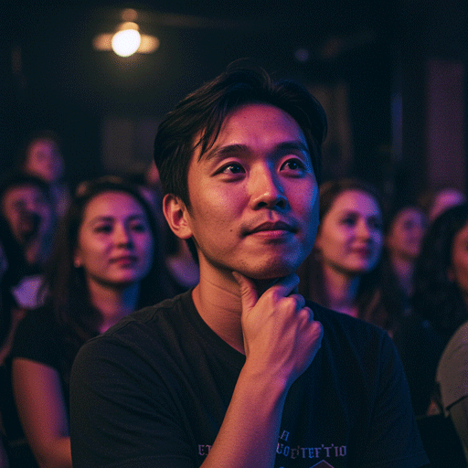 adv-user-persona-alex-niche-follower A thoughtful East Asian man at an indie music club, representing Alex, 'The Niche Follower' user persona for the ADV app redesign.