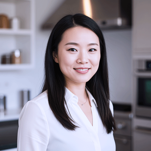 recipe-blog-user-persona-anna-chen-planner A professional headshot of an East Asian woman in a modern kitchen, representing Anna Chen, 'The Planner' user persona for the Recipe Blog case study.