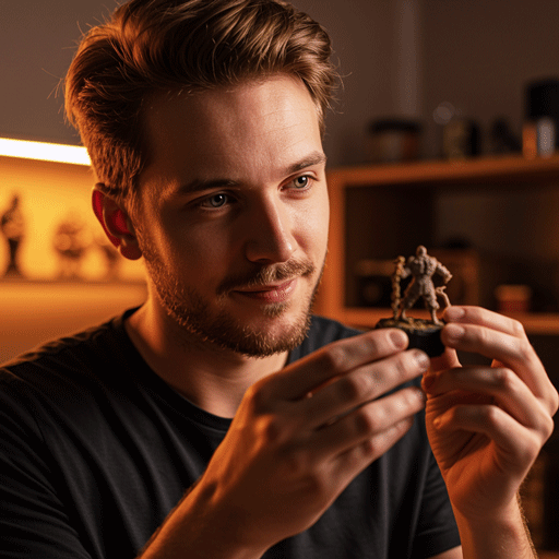 audashop-user-persona-daniel-the-collector A Caucasian man in a hobby room examining a 3D printed model, representing Daniel, 'The Collector' user persona for the AUDA SHOP case study.