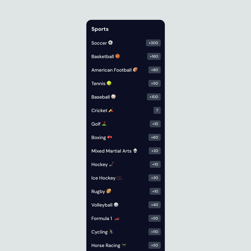 betapp-sidebar-navigation-menu-ui The sidebar navigation menu UI for the BetApp platform, listing various sports categories for easy browsing.