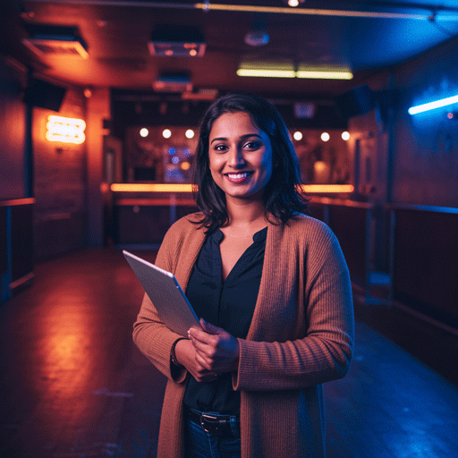 adv-user-persona-elena-local-promoter A professional woman of South Asian descent in her music venue, representing Elena, 'The Local Promoter' user persona for the ADV app.