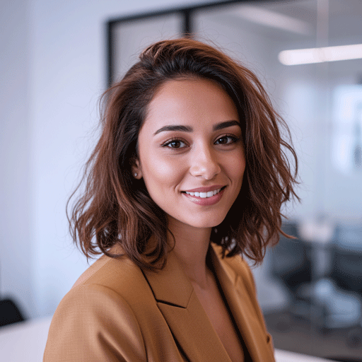as-genius-user-persona-isabella-rossi-startup-founder A professional portrait of a female startup founder in a modern office, representing Isabella Rossi, the CEO user persona for the AS Genius case study.