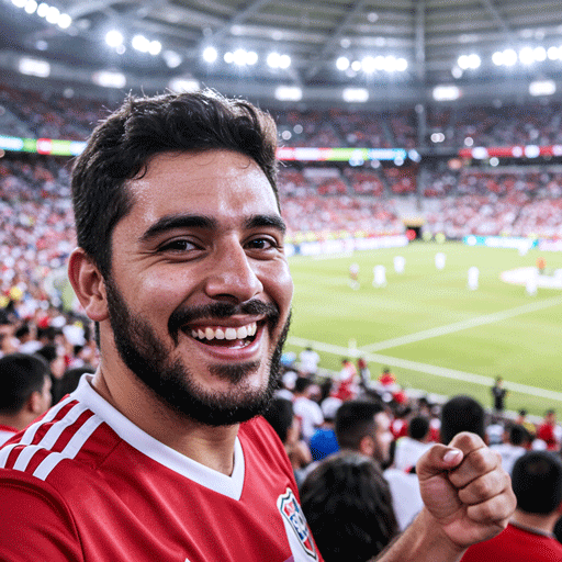 fandemic-app-user-persona-juan-torres-superfan A passionate LATAM man in a stadium representing Juan Torres, the 'Superfan' user persona for the Fandemic sports community app.