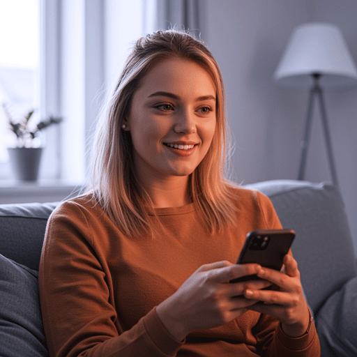 fandemic-app-user-persona-kate-smith-new-fan A friendly Caucasian woman on a sofa with a smartphone, representing Kate Smith, the 'New Fan' user persona for the Fandemic app.