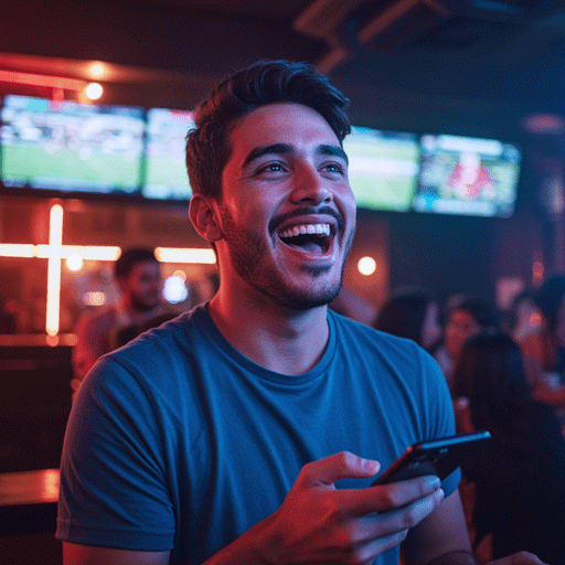 betapp-user-persona-liam-patel-social-gambler An excited young LATAM man in a sports bar with a smartphone, representing Liam Patel, the 'Social Gambler' user persona.