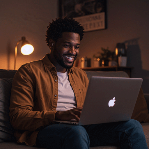 audashop-user-persona-marco-the-gift-shopper A smiling Black man in his living room discovering a gift on his laptop, representing Marco, 'The Gift Shopper' user persona.