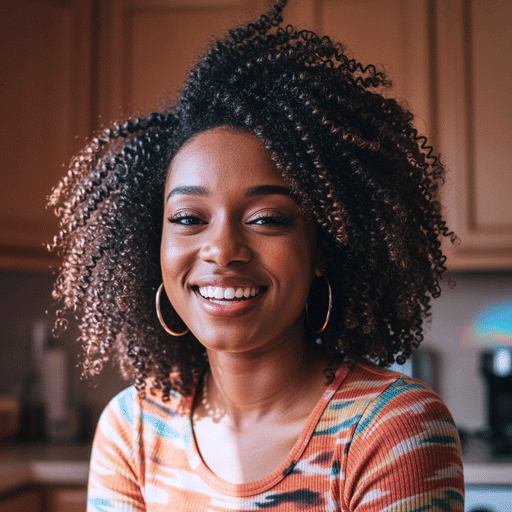 recipe-blog-user-persona-maya-williams-student A candid portrait of a young Black woman in a bright kitchen, representing Maya Williams, 'The Student' user persona.