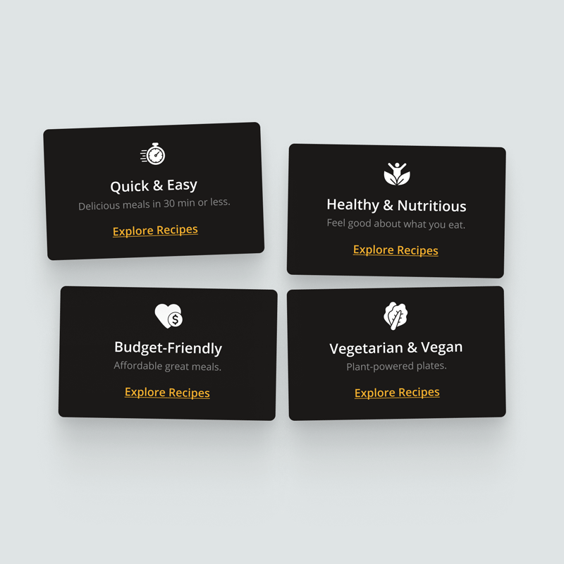 recipe-categories-module-icons Recipe categories module with icons for Quick & Easy, Healthy & Nutritious, Budget-Friendly, and Vegetarian & Vegan.
