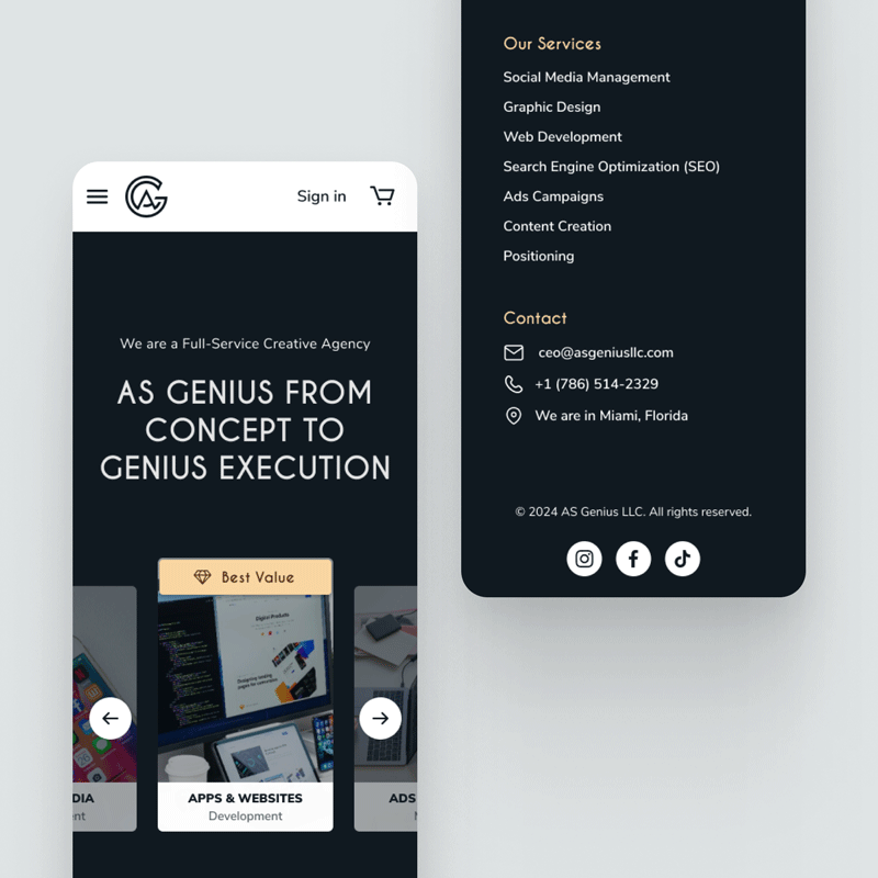 as-genius-responsive-mobile-design A side-by-side comparison of the AS Genius website's responsive design on mobile screens.