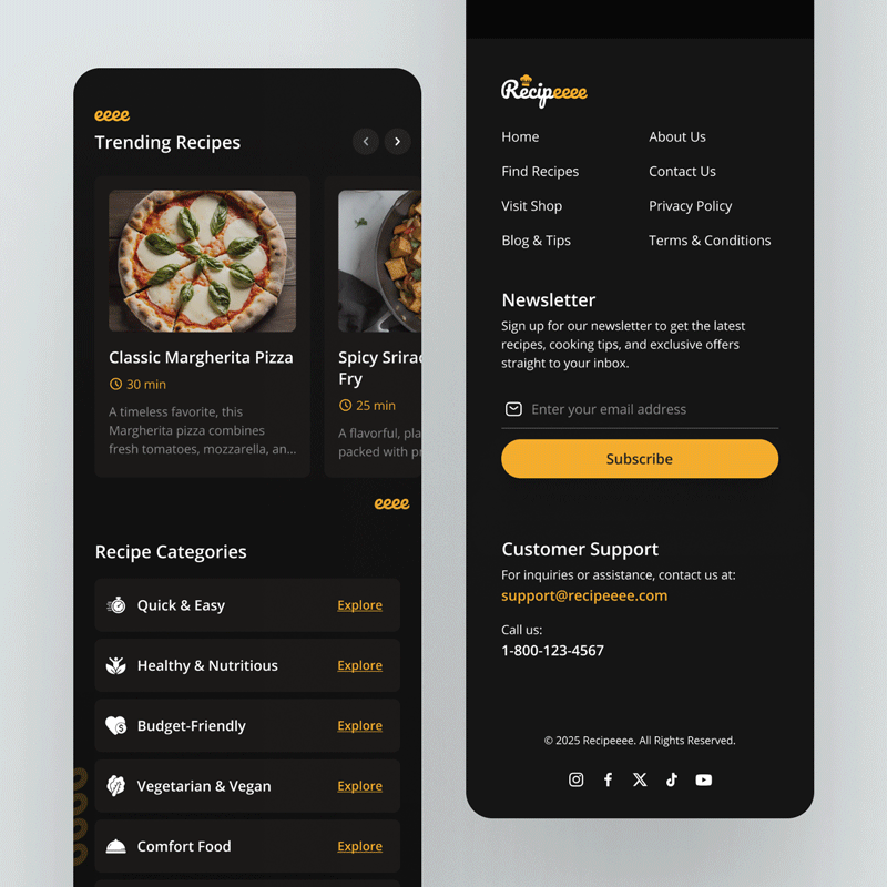 responsive-mobile-first-app-design Responsive design of the recipe app on a mobile device, showing the homepage and footer in dark mode.