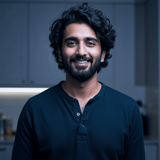 recipe-blog-user-persona-rohan-sharma-gourmet A portrait of a creative man of South Asian descent in a stylish kitchen, representing Rohan Sharma, 'The Gourmet' user persona.