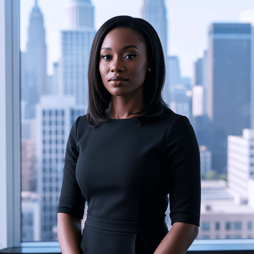 as-genius-user-persona-samantha-jones-marketing-manager A professional portrait of a Black marketing manager in a corporate setting, representing Samantha Jones, a user persona for the AS Genius case study.