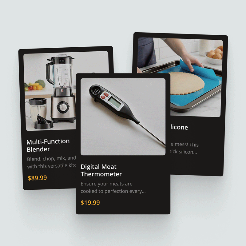 ecommerce-recipe-product-cards E-commerce product cards for recommended cooking tools, showing a multi-function blender and a digital meat thermometer.