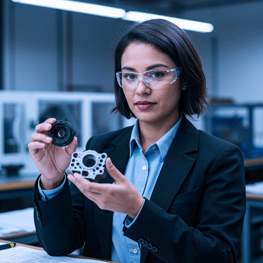 audashop-user-persona-sofia-the-problem-solver A professional Latina engineer in a workshop holding a 3D printed part, representing Sofia, 'The Problem-Solver' user persona.