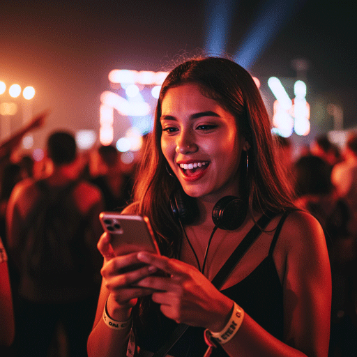 adv-user-persona-sofia-social-explorer A stylish Latina woman at a music festival with her phone, representing Sofia, 'The Social Explorer' user persona for the ADV case study.
