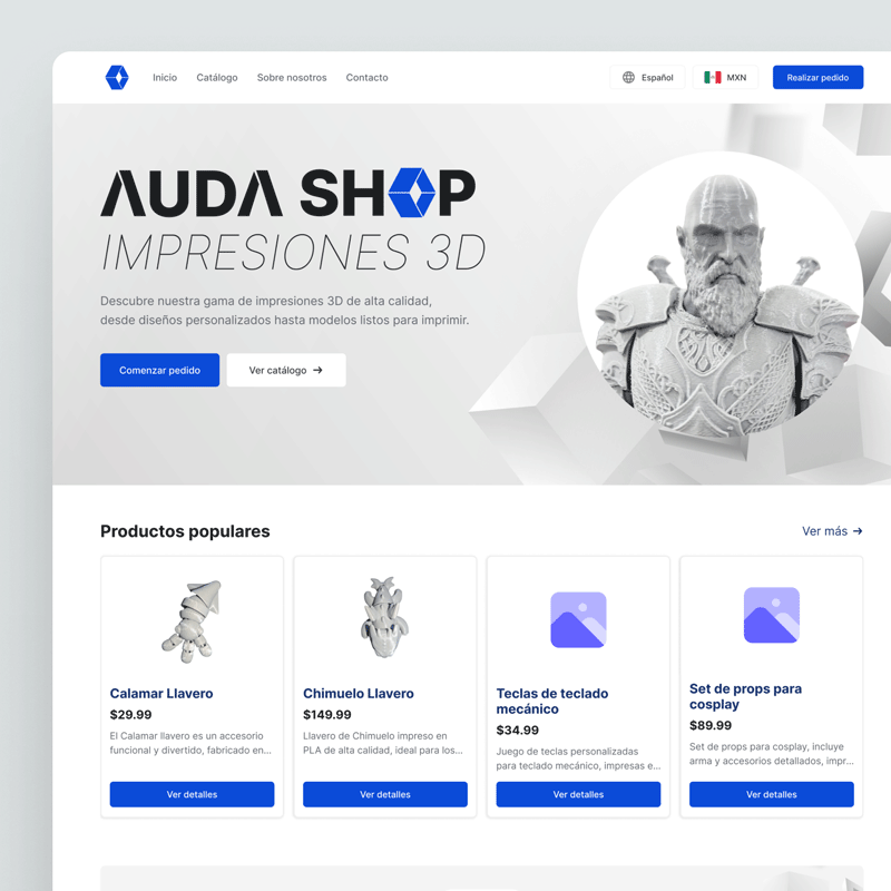 audashop-homepage-ui-design The final UI design of the AUDA SHOP homepage, showcasing the hero section and popular product grid.