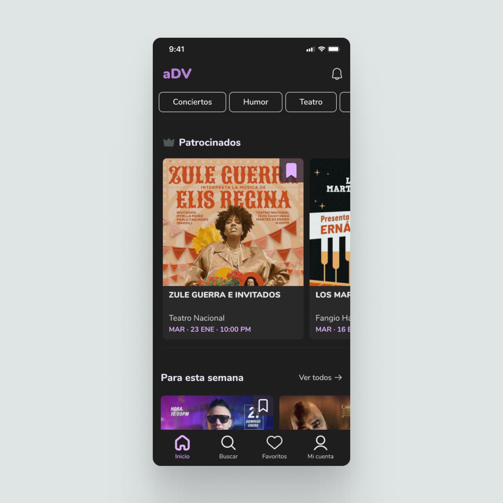 adv-app-personalized-home-feed-ui The UI design of the ADV app's personalized home feed in dark mode, showing a grid of event cards.