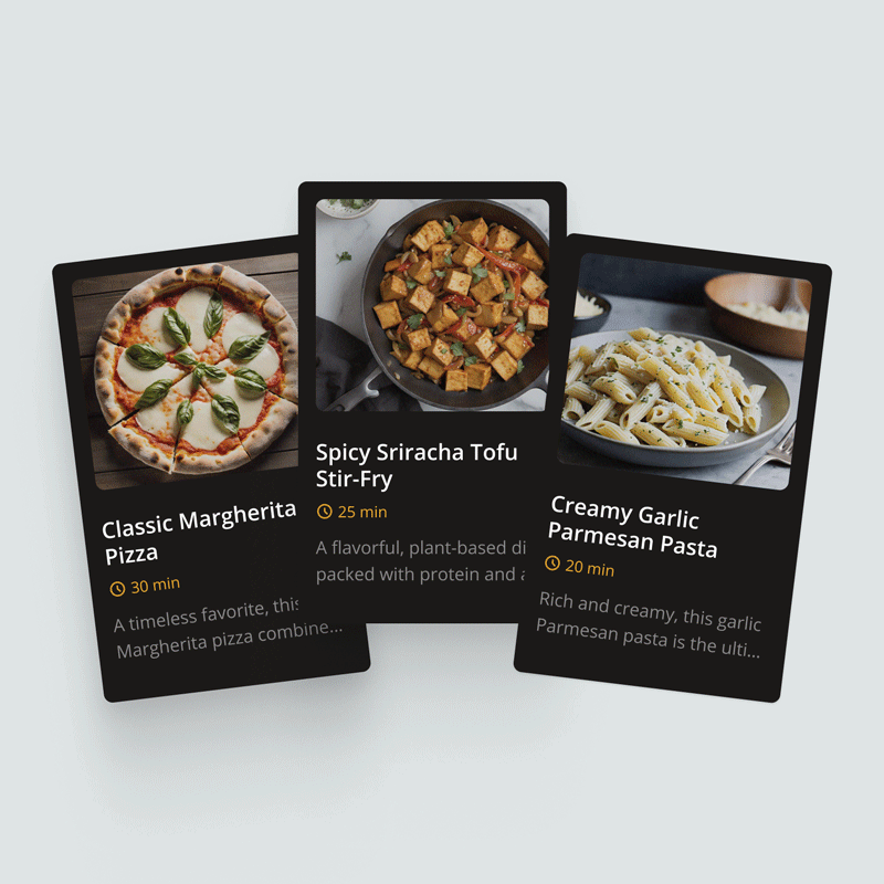 trending-recipes-ui-design-cards Dark mode UI cards for trending recipes, featuring a margherita pizza, sautéed tofu, and creamy pasta.