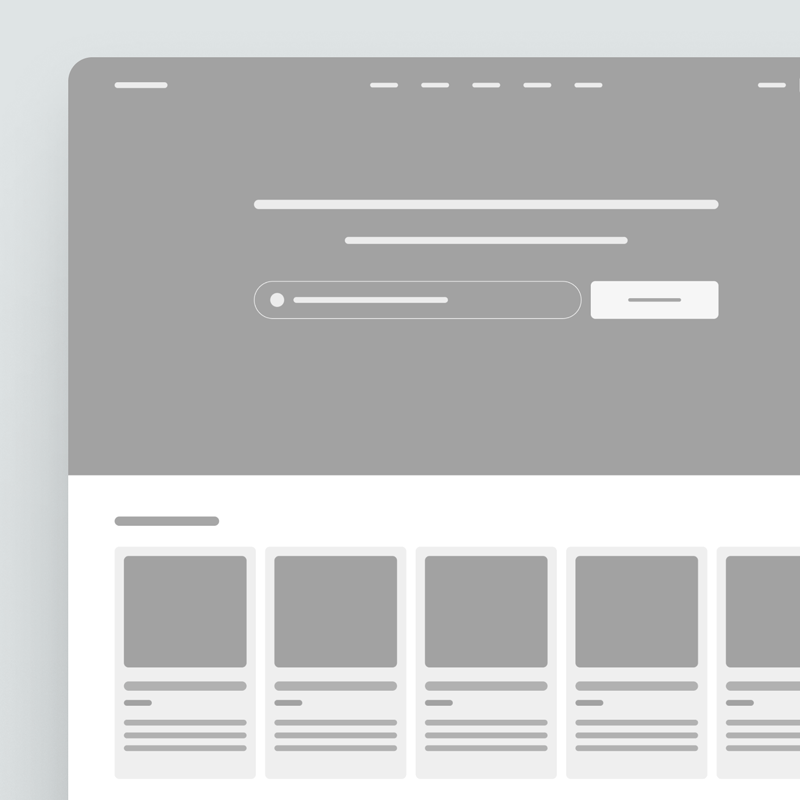 recipe-app-ux-design-wireframe Wireframe of the recipe app's homepage, showing the modular structure and layout for the search and recipe cards.